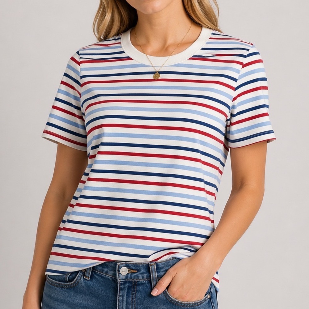 Short Sleeve Striped Crewneck Tee in White with Red & Blue Stripes